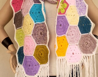 Cachecol quadrado de crochê colorido da vovó, estilo boho longo, cachecol afegão