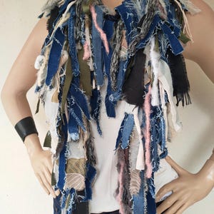 Die Frayed Jeans Denim Necklace Scruffy Torn Jeans Fabric Jewelry Textile Denim Scarves Reused Recycled Jeans scarf