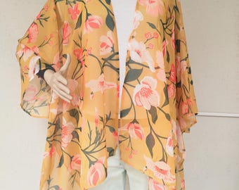 Cárdigan tipo kimono de gasa floral - Cubrebaño de playa estilo bohemio
