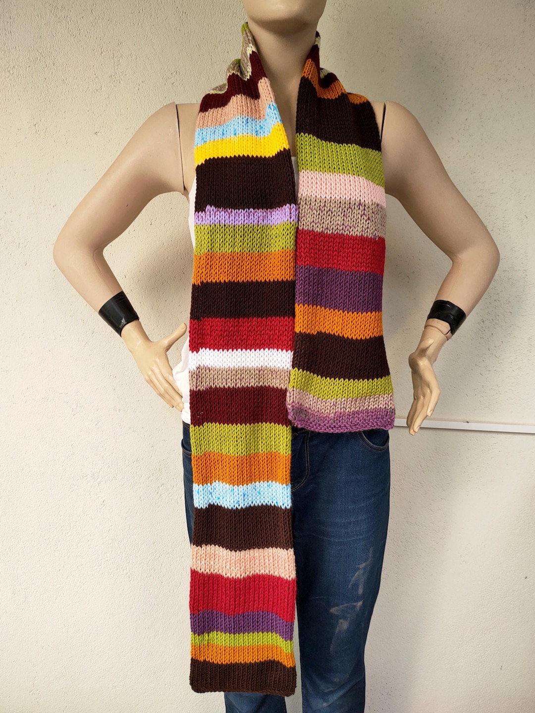 Hand Knitted Striped Scarf, Colorful Unisex Long Scarf - Etsy