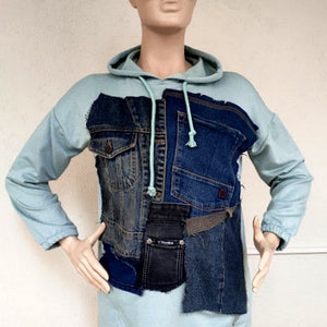 Upcycled WOMEN Denim Sweatshirt Patchwork Unisex Sweatshirt Hoodies  Patchwork denim