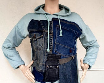 Upcycled Denim Patchwork Hoodie Unisex Sweatshirt
