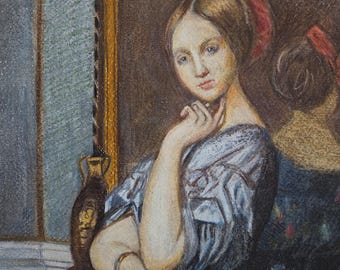 オリジナル色鉛筆画 A3、女性肖像画、クラシックなインテリア、ファインアートドローイング、ハンドメイド作品、ロマンティックスタイル