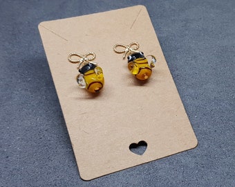 Glass Bee Earrings, Bee Earrings, Brass bow studs, Bumble Bee Earrings, Bee Jewelry