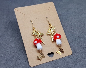 Glass Mushroom Earrings, Fairy Earrings, Butterfly Earrings, Glass Jewelry, Hypoallergenic Ear Wires, Toad Stool Earrings, Gold Earrings