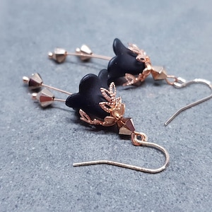 Black Flower Earrings, Hypoallergenic ear wires, Sterling Silver Ear Wires, Rose Gold PRIMERO Crystals®, Rose Gold Jewellery