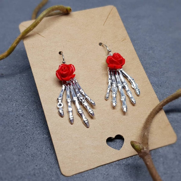 Skeleton Hand Earrings, Hypoallergenic Ear Wires, Skeleton Jewellery, Red Rose's, Gothic Jewellery