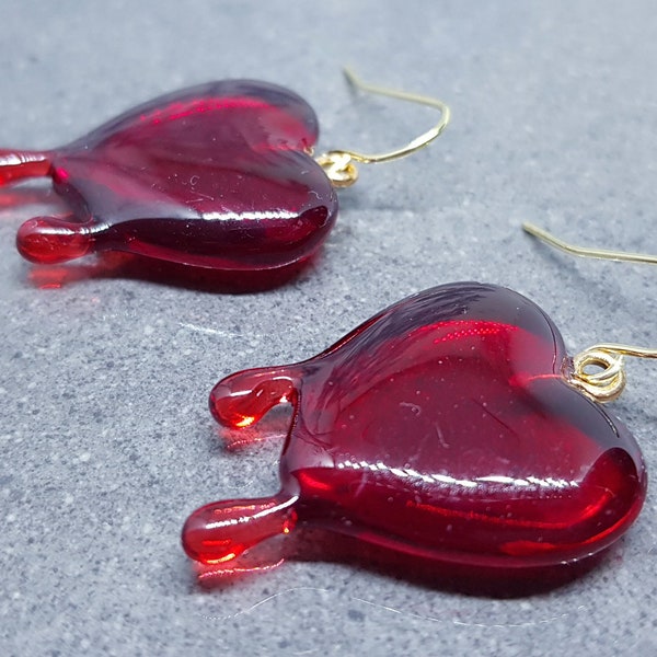 Red Heart Earrings, Hypoallergenic Ear Wires, Gothic Jewellery, Halloween Earrings, Dripping Heart