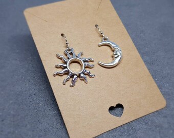 Sun and Moon Earrings, Hypoallergenic Ear Wires, Sterling Silver Ear Wires, Celestial Earrings, Crescent Moon Earrings, Sun Earrings