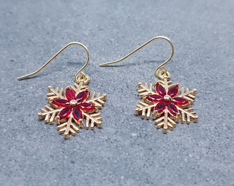 Snowflake Earrings, Hypoallergenic Ear Wires, Gold Snowflake Earrings, Christmas Earrings, Brass Earrings, Festive Earrings