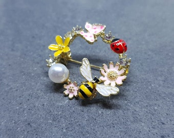 Bee Brooch Pin, Pink Butterfly Brooch, Flowers, Imitation Pearl, Red Ladybird, Insect Clothes Pin, Enamel Pin, Clear Crystal Rhinestone