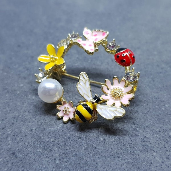 Spilla ape, spilla farfalla rosa, fiori, perla imitazione, coccinella rossa, molletta per insetti, spilla smaltata, strass di cristallo trasparente