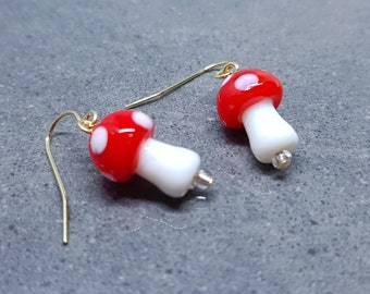 Glass Mushroom Earrings, Hypoallergenic Ear Wires, Toad Stool Earrings, Glass jewellery