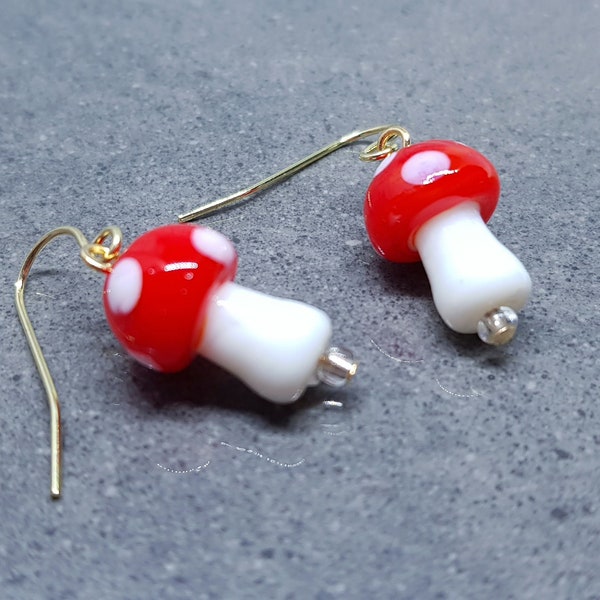 Glass Mushroom Earrings, Hypoallergenic Ear Wires, Toad Stool Earrings, Glass jewellery