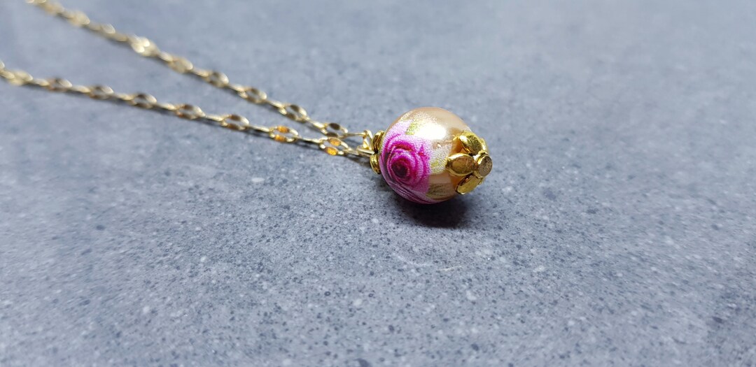 Glass Gold Rose Necklace, Glass Pearl Choker, Pearl Necklace, Pink Rose ...