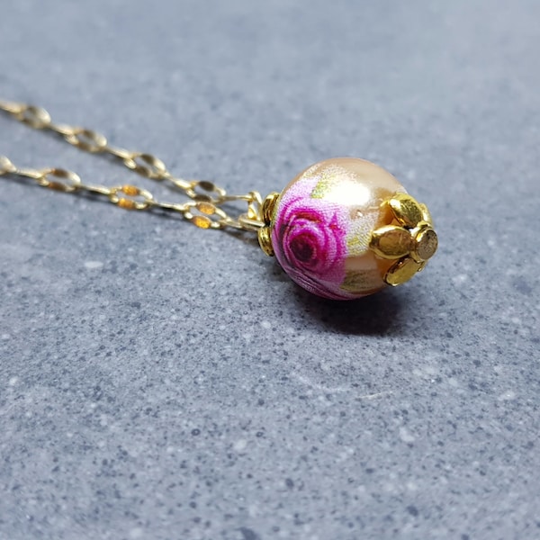 Glass Gold Rose Necklace, Glass Pearl Choker, Pearl Necklace, Pink Rose Jewellery, Vintage Style Necklace