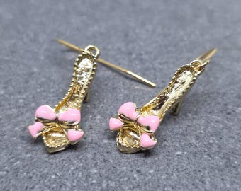 Pendientes de zapato, ganchos hipoalergénicos, pendientes de tacón de gatito, pendientes de tacón alto, pendientes de aguja, pendientes de zapato dorado, lazo rosa