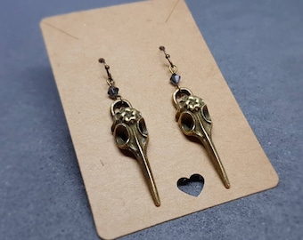 Pendientes de calavera de cuervo, cristales PRIMERO®, alambres para orejas hipoalergénicos, pendientes de calavera de pájaro, pendientes de calavera, joyería gótica