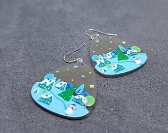 Christmas Scene Earrings, Hypoallergenic Ear Wires, Christmas Earrings, Festive Earrings
