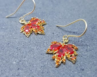 Maple Leaf Earrings with a Choice of Ear Wires: Burnt Orange Brass Micro Pave Cubic Zirconia, Real 18K Gold Plated