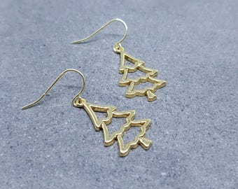 Christmas Tree Earrings, Hypoallergenic Ear Wires, Brass Real 18K Gold Plated, Christmas Earrings, Festive Earrings, Gold Christmas Tree
