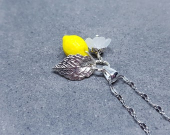 Glass Lemon Fruit Necklace, Citrus Fruits, Flower Necklace, Glass Jewellery, PRIMERO Crystals®, Yellow Necklace, Gift for her