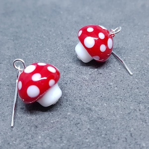 Glass Mushroom Earrings, Hypoallergenic Ear Wires, Toad Stool Earrings, Glass jewellery