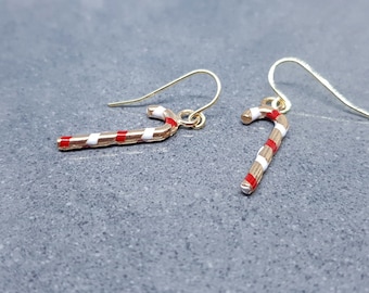 Candy Cane Earrings, Hypoallergenic Ear Wires, Gold Enamelled Earrings, Christmas Earrings, Party Earrings, Festive Earrings