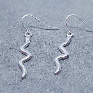 Könnte beinhalten: Ein Paar silberfarbene Schlangenohrringe. Jeder Ohrring hat ein schlankes, serpentinenförmiges Design mit strukturierter Oberfläche, das an einem einfachen Haken hängt. Die Ohrringe sind vor einem grauen Hintergrund abgebildet.