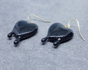 Black Heart Earrings, Hypoallergenic Ear Wires, Gothic Jewellery, Halloween Earrings, Dripping Heart
