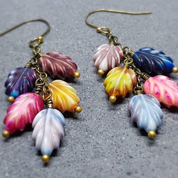 Leaf Earrings, Hypoallergenic Ear Wires, Fall Earrings, Choice of Ear Wires, Multicolored Leaves, Autumnal, Boho Jewelry