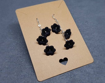 Flower Earrings, Hypoallergenic Ear Wires, Black Earrings, Boho Jewelry, Simple Vintage Earrings