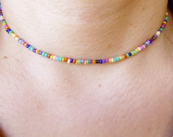 Glass multicolored beaded choker necklace