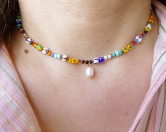 Colorful striped glass beads necklace, white freshwater pearl  beaded necklace