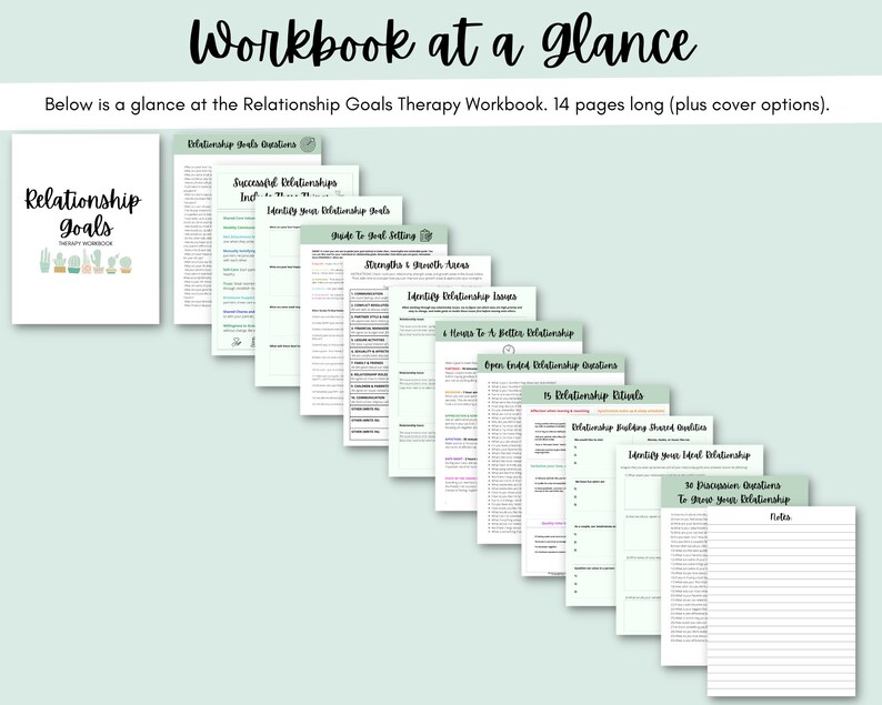 May include: A workbook titled "Relationship Goals" with 14 pages of worksheets and exercises to help improve relationships. The workbook includes sections on identifying relationship goals, strengths and growth areas, identifying relationship issues, hours to a better relationship, open ended relationship questions, relationship rituals, relationship building shared goals, identifying your ideal relationship, and discussion questions to improve your relationship.