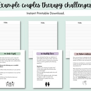 May include: Three printable cards with a light green background. Each card has a title and a description of a couples therapy challenge. The titles are "Date Night", "Quality Time", and "Active Listening".
