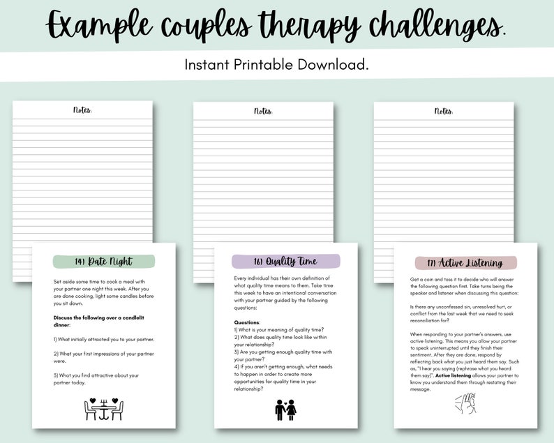 May include: Three printable cards with a light green background. Each card has a title and a description of a couples therapy challenge. The titles are "Date Night", "Quality Time", and "Active Listening".