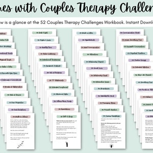 May include: A set of 52 cards with couples therapy challenges. The cards are arranged in a grid pattern on a light blue background. Each card has a number and a title, such as "Date Night", "Quality Time", and "Intimacy & Connection".