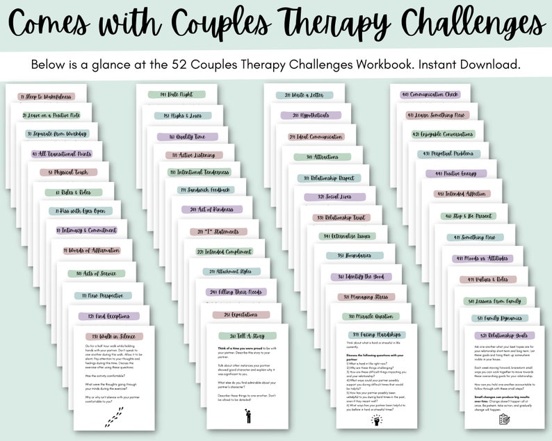 May include: A set of 52 cards with couples therapy challenges. The cards are arranged in a grid pattern on a light blue background. Each card has a number and a title, such as "Date Night", "Quality Time", and "Intimacy & Connection".