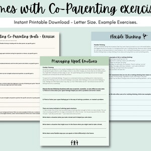 May include: Printable worksheet with green and white text on a light green background. The worksheet is titled "Setting Co-Parenting Goals - Exercise" and "Managing Upset Emotions". The worksheet includes prompts for co-parents to reflect on their communication and emotional regulation.