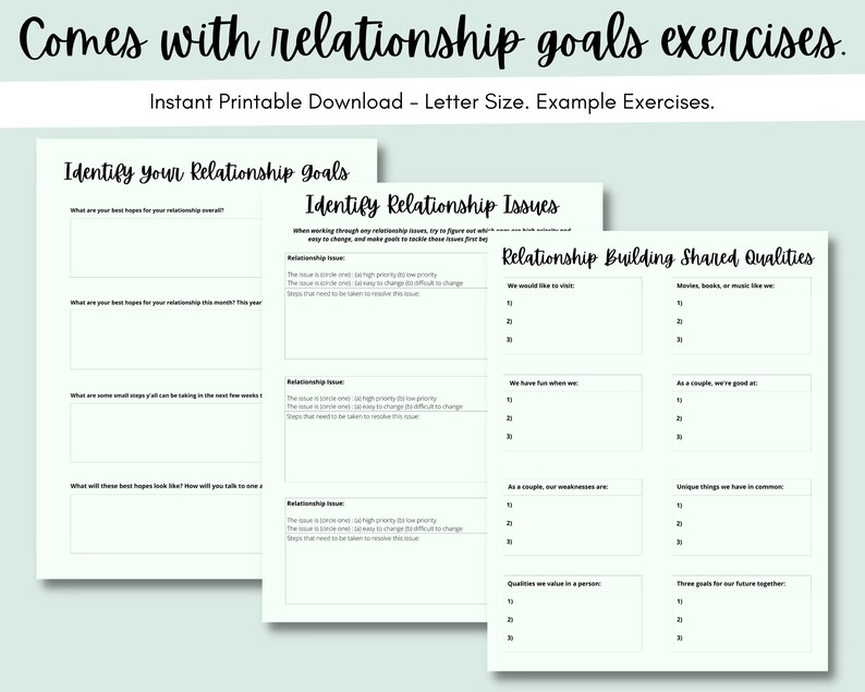 May include: Printable worksheet with a light blue background and black text. The worksheet is titled "Identify Your Relationship Goals" and "Identify Relationship Issues". The worksheet includes prompts for couples to reflect on their relationship goals and issues.