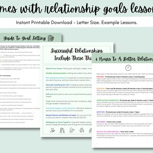 May include: A printable guide to setting relationship goals with a checklist of tips for successful relationships. The guide includes a section on "6 Hours to a Better Relationship" with recommended time commitments for activities like "Partings", "Reunions", "Appreciation & Admiration", "Affection", "Date Night", and "State of the Union Meetings".