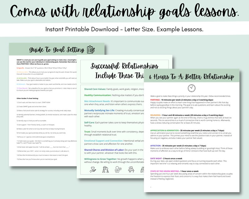 May include: A printable guide to setting relationship goals with a checklist of tips for successful relationships. The guide includes a section on "6 Hours to a Better Relationship" with recommended time commitments for activities like "Partings", "Reunions", "Appreciation & Admiration", "Affection", "Date Night", and "State of the Union Meetings".