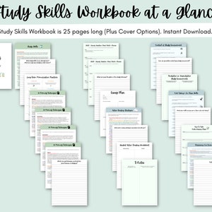May include: A 25-page study skills workbook with a green and white cover. The workbook includes sections on essay planning, note-taking, and study techniques. The text "Study Skills Workbook" is visible on the cover.
