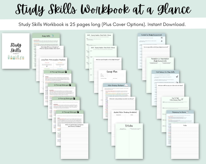 May include: A 25-page study skills workbook with a green and white cover. The workbook includes sections on essay planning, note-taking, and study techniques. The text "Study Skills Workbook" is visible on the cover.