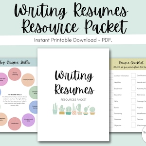 May include: A printable resource packet for writing resumes. The packet includes a checklist, a list of top resume skills, and a section with cactus illustrations. The text "Writing Resumes" is featured in the title.