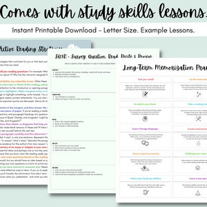 May include: Two printable worksheets with tips for active reading and long-term memorization practices. The active reading worksheet includes strategies like asking yourself questions, writing in the margins, and summarizing. The memorization worksheet includes activities like testing your recall, learning a new language, and creating word pictures.