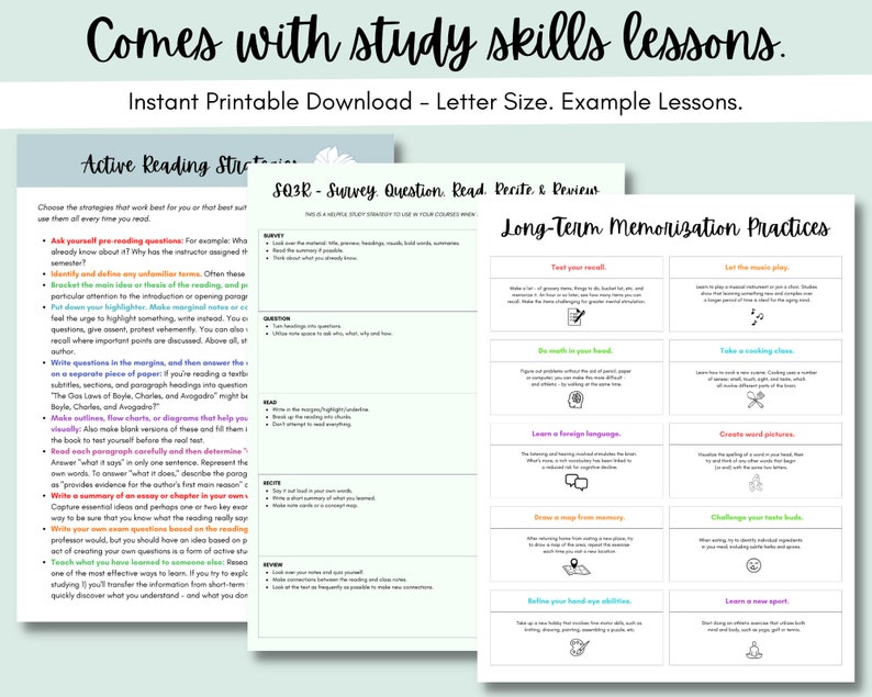 May include: Two printable worksheets with tips for active reading and long-term memorization practices. The active reading worksheet includes strategies like asking yourself questions, writing in the margins, and summarizing. The memorization worksheet includes activities like testing your recall, learning a new language, and creating word pictures.
