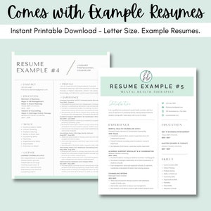 May include: Two resume templates for a Licensed Professional Counselor and a Mental Health Therapist. The templates are in a minimalist style with a light green background and white text. The text includes contact information, education, experience, skills, and licenses. The text "Resume Example #4" and "Resume Example #5" is at the top of each template.
