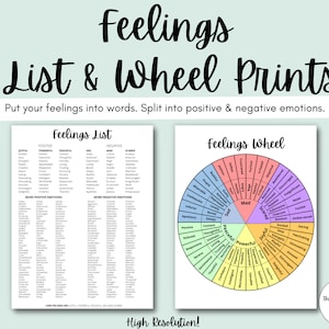 Feelings List & Wheel: Emotions, Reflections, Expressions, Sentiments, Counselor Tool, Depression, Anxiety, Instant Printable Download, PDF